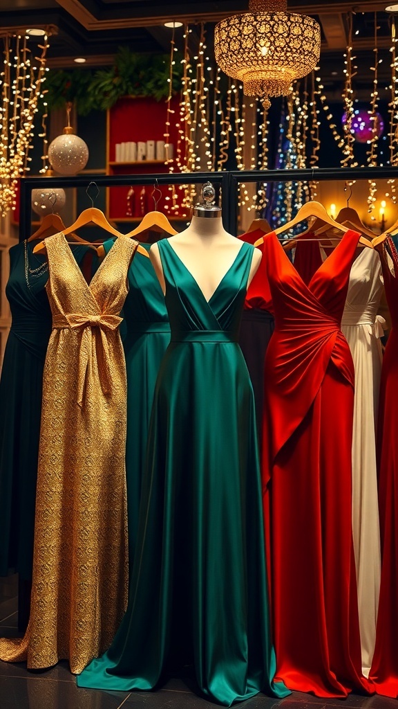 A collection of elegant dresses for holiday parties in festive colors on a decorative background.
